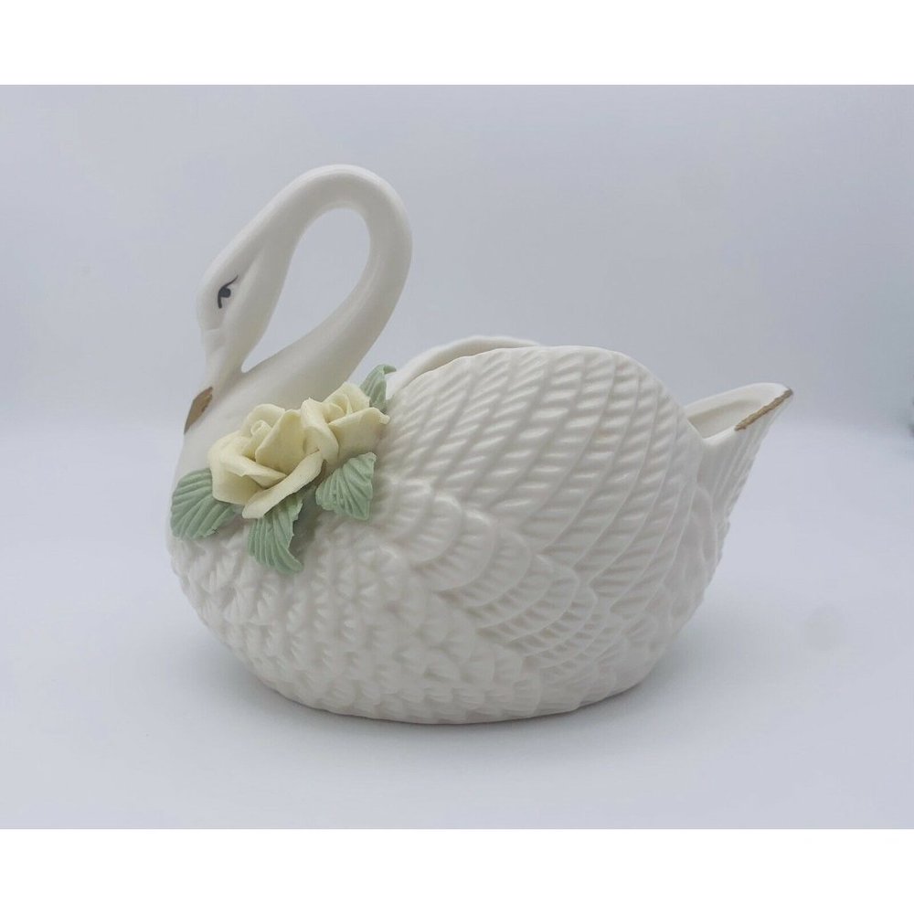 White Ceramic Swan Vase, Figurine or Planter With Yellow Roses